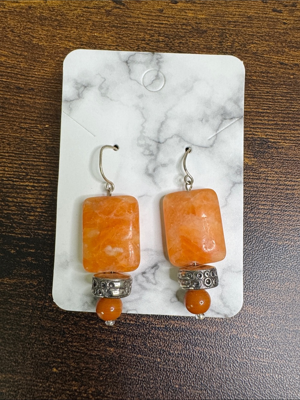 Hand Crafted Orange Stone and Silver Drop Earrings